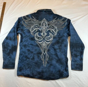 Roar Mens Large Blue Button Collared Embroidered Y2K Grunge Goth Long Sleeve Y2K - Picture 1 of 24