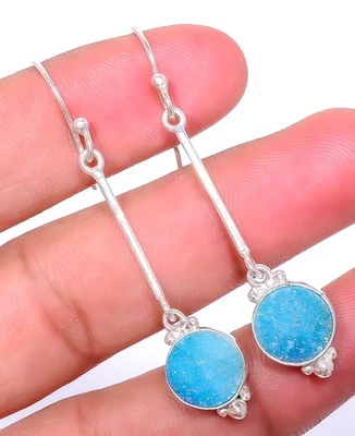 Titanium Blue Agate Drusy Silver Plated Israeli Earring 2.34" E-73 - Image 1 of 3