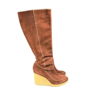 LL Bean Wedge Boots Womens 8 Brown Suede Knee High Tall Crepe Sole Platform Zip - Picture 1 of 11