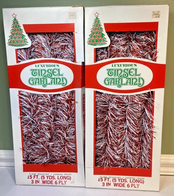 NOS 2 Vintage Boxes Christmas Tinsel Garland Essex Franke Company Red/White 30' - Image 1 of 4