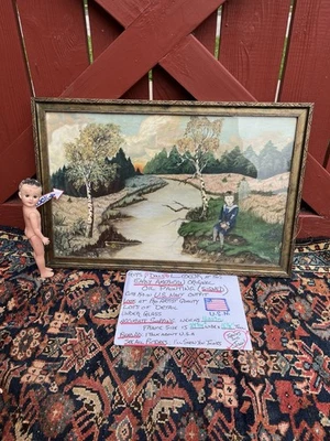 Antique Early American Oil, Painting, Us Navy Boy In Uniform Landscape Original - Image 1 of 4