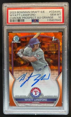 2023 Bowman Sapphire Wyatt Langford Chrome Auto Orange Refractor 1st #/25 PSA 10 - Image 1 of 2