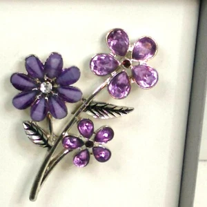Purple Flowers Pin Costume Jewelry 2.5 inches Silver tone Gift Boxed  New  - Picture 1 of 6