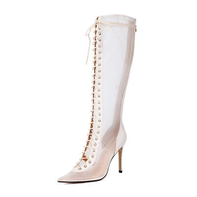 Mujeres Punta Punta Hasta la Rodilla Botas Sandalias Malla Con Cordones Tacones de aguja Cremallera Trasera Foto 1 de 4