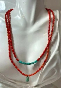 Vintage 2T Blue Faceted Turquoise Red Coral Rice Beads Necklace Ca 16.16 - Picture 1 of 4
