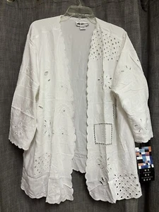 NWT We Be Bop White Cardigan Jacket Open Front 3x Lagenlook Oversized Eyelet - Picture 1 of 8