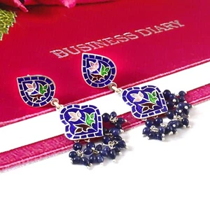 Pendientes tradicionales de plata 925 con esmalte azul Meenakari - Imagen 1 de 3
