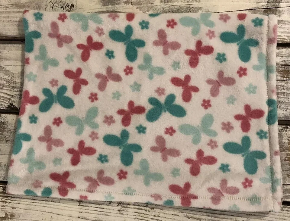 Girls Baby Blanket Butterflies Flowers White Teal Pink Fleece Lovey Butterfly - Image 1 of 4