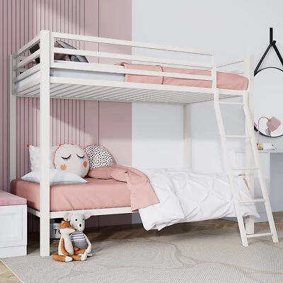 Twin Over Twin Metal Bunk Bed for Juniors, Industrial Twin Bunk Beds Frame,White - Image 1 of 4