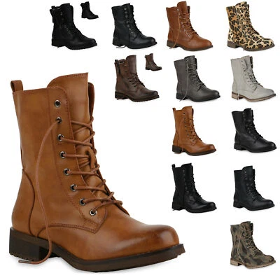 MARKENLOS Damen Stiefeletten Schnürstiefeletten Boots Blockabsatz Schuhe 900969 Mode