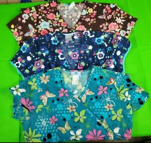 Lot of 3 blue teal brown floral print women's elastic waist scrub tops size s