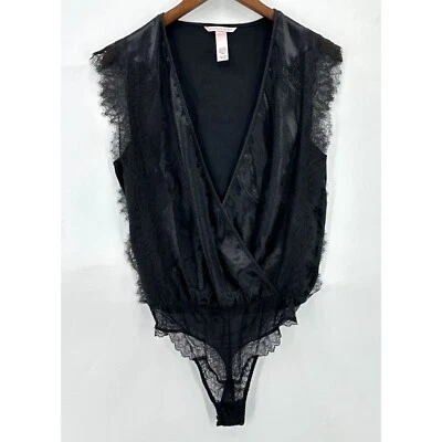 Victorias Secret Bodysuit Womens Satin Lace Cap Sleeve V-Neck Polyester Black XS - Image 1 of 4