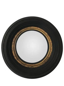 Antiqued Black Convex Fisheye Porthole Mirror Round Glass Gold Distress Rim 34cm - Picture 1 of 3