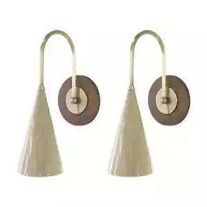 Italian Pair Solana Wall Sconces Mid Century Brass Enamel Walnut Handmade - Picture 1 of 5