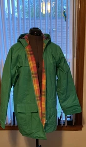 Vintage Misty Harbor Hooded Green Rain Coat Slicker Plaid Lined Women's M - Picture 1 of 6