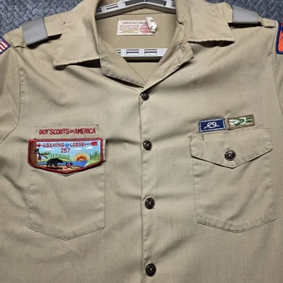 VTG Boy Scouts of America Official Uniform Shirt Khaki Long Sleeve Patches Sz~M* - Image 1 of 4