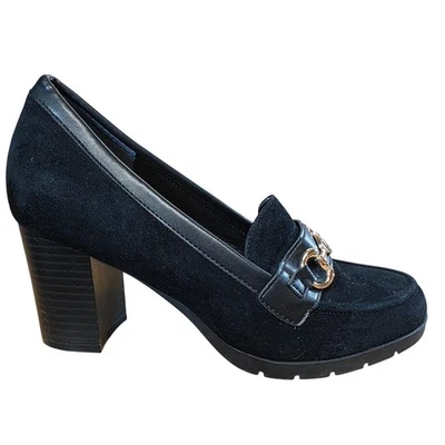 Mocassim salto Gianni Bernini Porshaa camurça preta com fivela dourada feminino tamanho 8M - Imagem 1 de 4