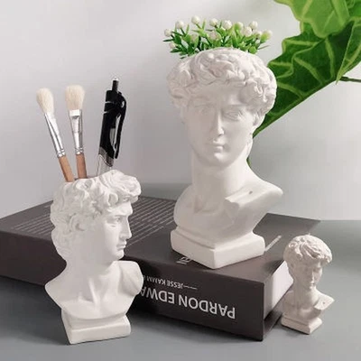Nordic David Human Head Vase Statues Make Up Brush Resin Pot Greek Mythology - Image 1 of 4