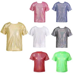 Girls Boys Shiny Metallic T-Shir Hip Hop Tops Stage Performance Cool Top Costume - Picture 1 of 42