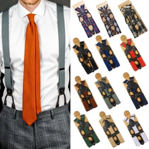 Men's 6 Button Hole Wide Elastic Suspenders Leather 35mm Trousers Braces Belt - Picture 1 of 41