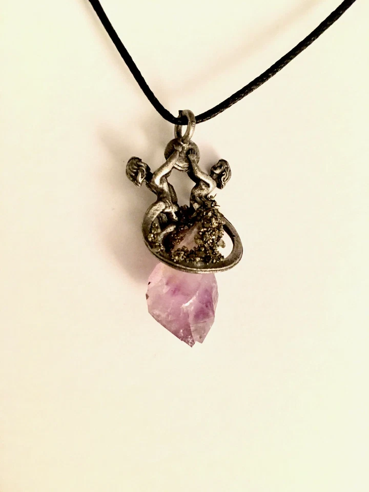 Gemini Mini zodiac pendant pewter amethyst crystal astrolog fashion gemstone - Image 1 of 1