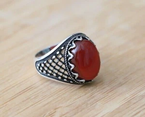 Red Agate Men’s Rings, Handmade 925 Sterling Silver MULTI-SIZES Turkish Rings - Picture 1 of 9