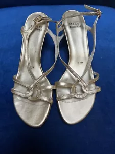 Stuart Weitzman Womens Hiturn Gold Leather Sandals Heels 6 1/2 M - Picture 1 of 11
