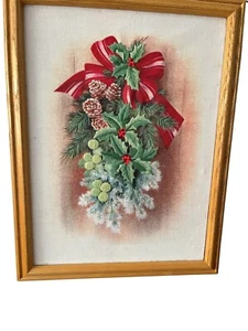 Framed Needlepoint Holiday Holly Pinecones Swag Ribbon Bow Canvas 14x18 - Picture 1 of 12