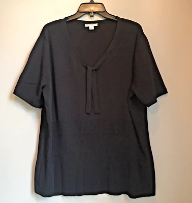 Pendleton Plus Sweater Short Sleeve Women 2X Black Knit Blouse Tie V-Neck Rayon - Image 1 of 4