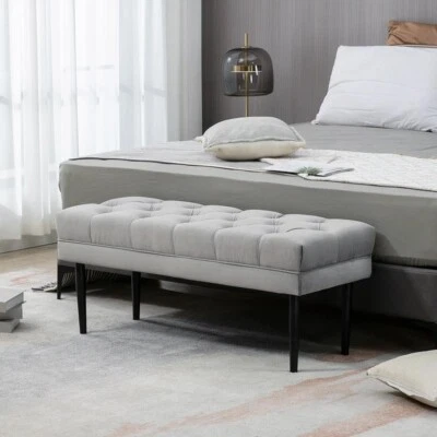 Grey Velvet End of Bed Bench Upholstered Button Tufted Hallway Seat 110cm - Image 1 of 4
