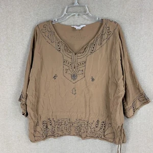 Polo Jeans Ralph Lauren Womens Top M Brown Lace Tunic V Neck Beaded Boho - Picture 1 of 18