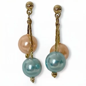 Pendientes colgantes vintage de perlas cultivadas pastel melocotón y oro azul con poste trasero - Imagen 1 de 4