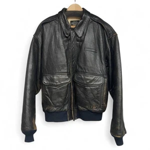 Vintage AVIREX Type A-2 Flight Jacket Black Leather Bomber Blouson Size M USA - Picture 1 of 10