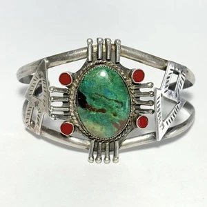 Signiertes Southwest Sterlingsilber Türkis Koralle Pfeile 6,9" Armreif Armband 24,5 g - Bild 1 von 8