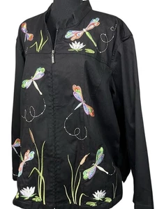 Quacker Factory Black Dragonfly Embroidered Jacket Size 3X Zip up Artsy Colorful - Picture 1 of 15
