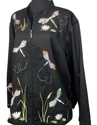 Quacker Factory Black Dragonfly Embroidered Jacket Size 3X Zip up Artsy Colorful - Image 1 of 4