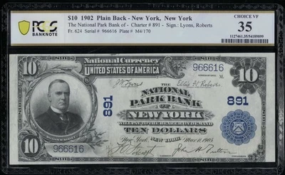 SC 1902 $10 Fr.624 National Park Bank New York Ch. # (E) 891 PCGS 35 (616) - Image 1 of 2