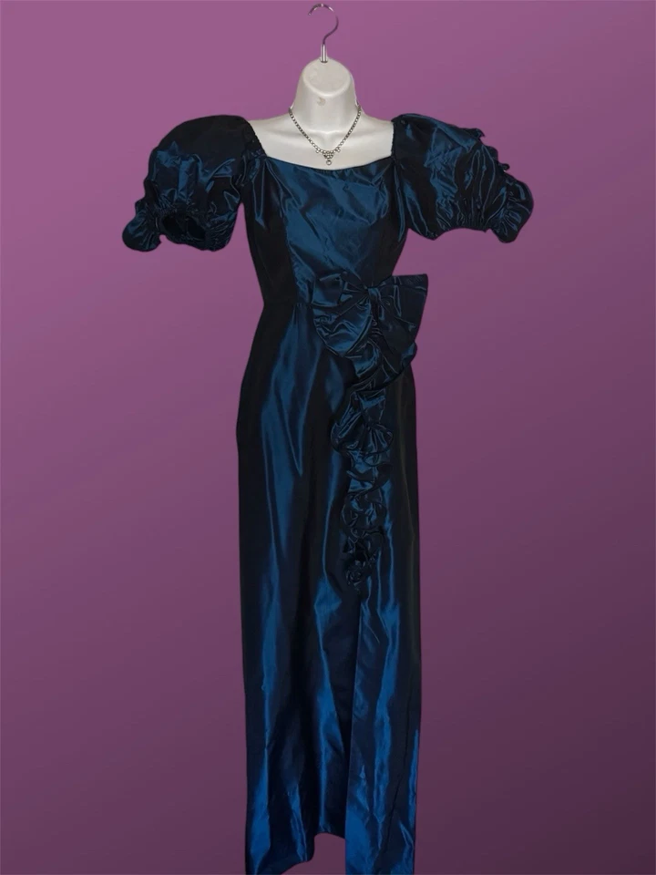 Vestido de noite vintage anos 80 azul royal iridescente tafetá, mangas folhadas (XXS/XS) - Imagem 1 de 4