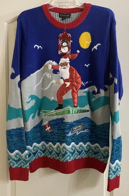 Blizzard Bay Ugly Surfing Santa Claus Xmas Sweater Size Medium Hawaiian NEW - Image 1 of 4