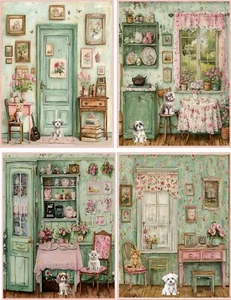 8 Cat Kitten Dog Puppy Victorian dollhouse rooms shabby chic glossy blank card - Picture 1 of 4