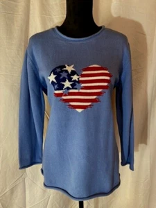COLDWATER CREEK CAPRI BLUE LONG SLEEVE SWEATER PATRIOTIC HEART SIZE L EXC COND - Picture 1 of 9