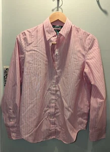 Women's Ralph Lauren M Non-Iron Logo Pinstripe Pink White Button Up Dress Shirt - Picture 1 of 4