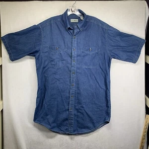 VTG LL Bean Mens Blue Denim Button Up Shirt Short Sleeve Tall Medium - Picture 1 of 18