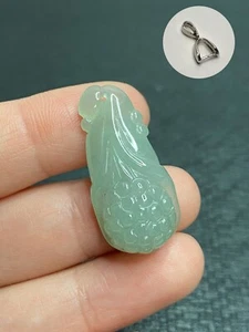 Grade A Natural Hand Carved Green Flower Jadeite Pendant w S925 Pinch Clasp#0192 - Picture 1 of 2
