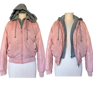 AMBIANCE OUTERWEAR 3-in-1 Windbreaker Bomber Hoodie Double Zip Jacket Gray Pink - Picture 1 of 7