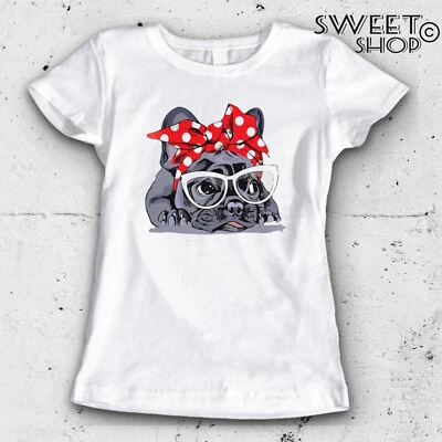 T-shirt MAGLIETTA DONNA  Bulldog francese CUORE CANE AMORE fiocco razza - Imagen 1 de 3