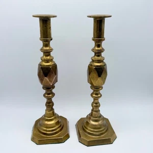 Heavy Brass Diamond Candle Stick Holders 11-1/2" - Picture 1 of 8