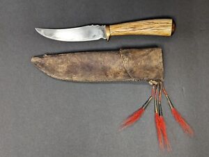 9.5" Woodsman's Hunting Knife Bone Handle Wood Cap & Distressed Leather Sheath 