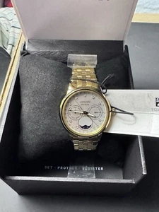 Citizen Eco-Drive FD0002-57D Calendrier Gold Moon Phase Date 37MM Woman's Watch - Picture 1 of 12
