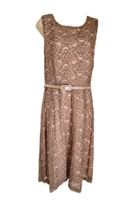 NUEVO Vestido Connected Apparel Hermoso Taupe Encaje Sobre Rosa Forrado con Cinturón Talla 16 Foto 1 de 4